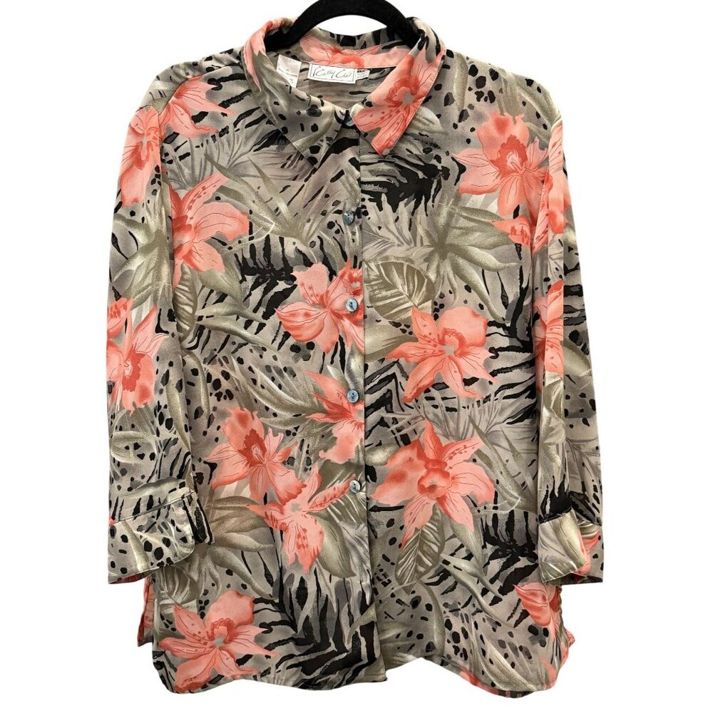 Cathy Che XL Womens Tropical Floral Button-Down Blouse Lightweight Beachy